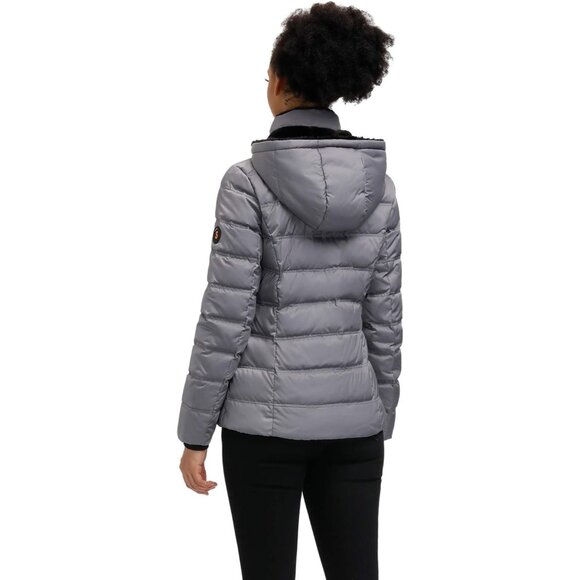 π Women Grey Down Puffer Jacket Warm Winter Coat Faux-Fur Collar Hooded Comfort - Picture 3 of 7